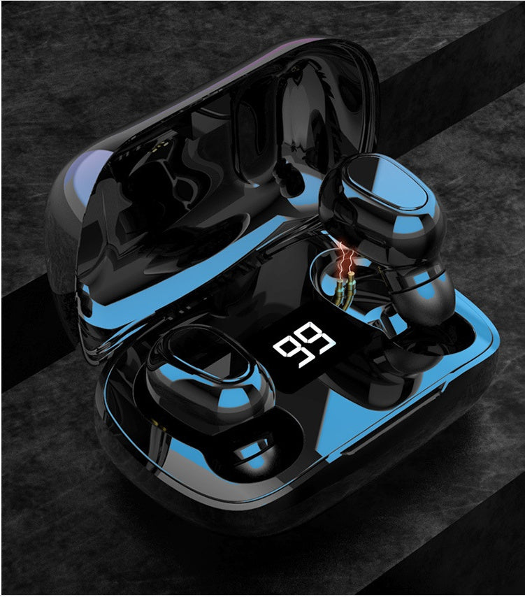 Black wireless earbuds in a glossy charging case with digital battery display and noise reduction feature