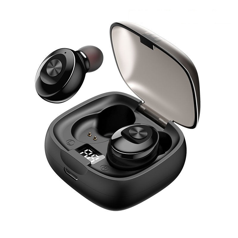 Black wireless earbuds with charging case, digital battery display, noise reduction, IPX5 waterproof