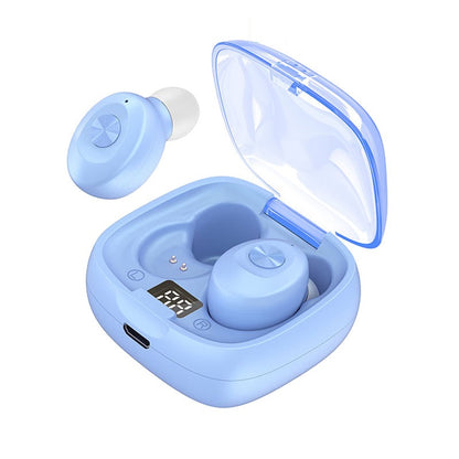 Blue wireless earbuds with digital battery display in open charging case and one earbud outside
