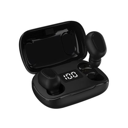 Black wireless earbuds in an open charging case with digital battery display on white background