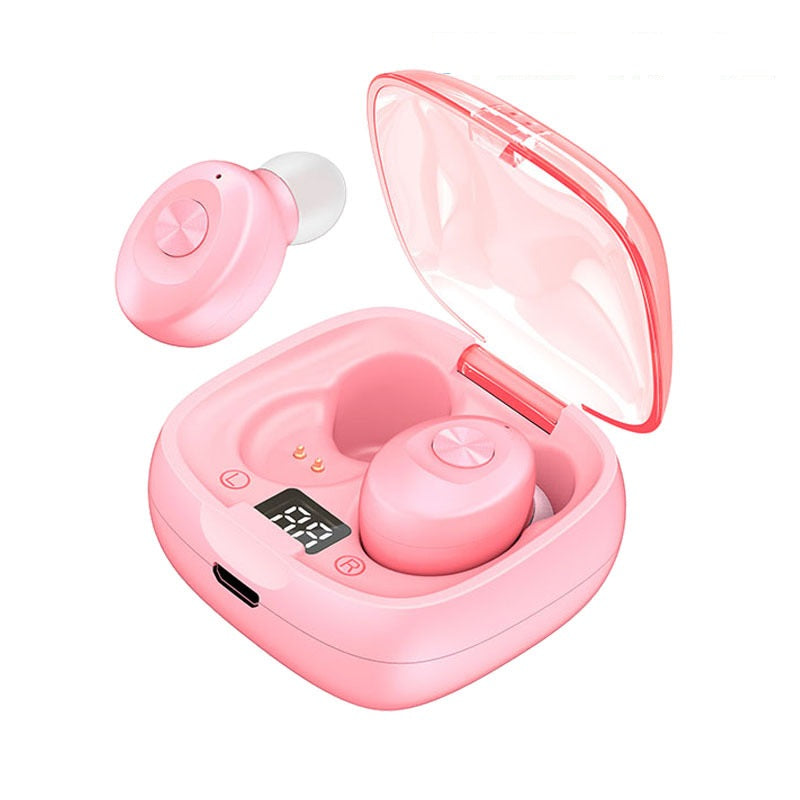 Pink wireless earbuds with digital display charging case and one earbud outside the case