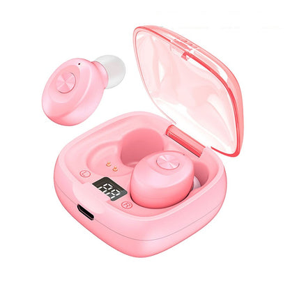 Pink wireless earbuds with digital display charging case and one earbud outside the case