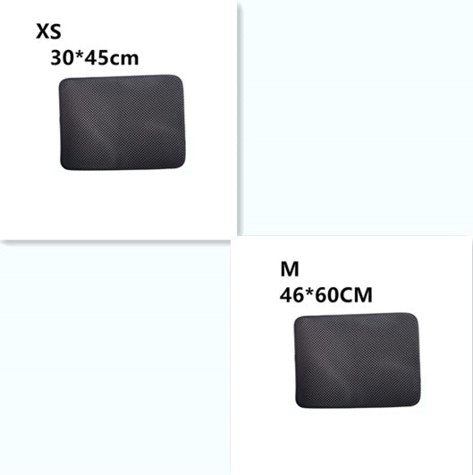 Black waterproof cat litter mats in XS (30x45cm) and M (46x60cm) sizes with textured surface