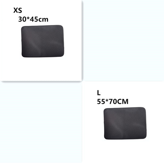 Black waterproof Trendoligy cat litter mats in XS 30x45cm and L 55x70cm sizes with textured surface