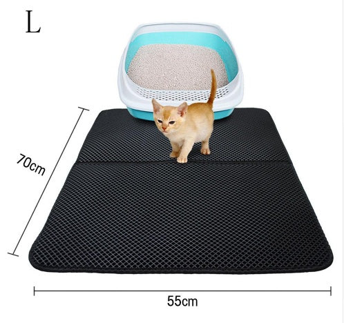 Black waterproof EVA cat litter mat with kitten and white-blue litter box, measuring 70x55cm