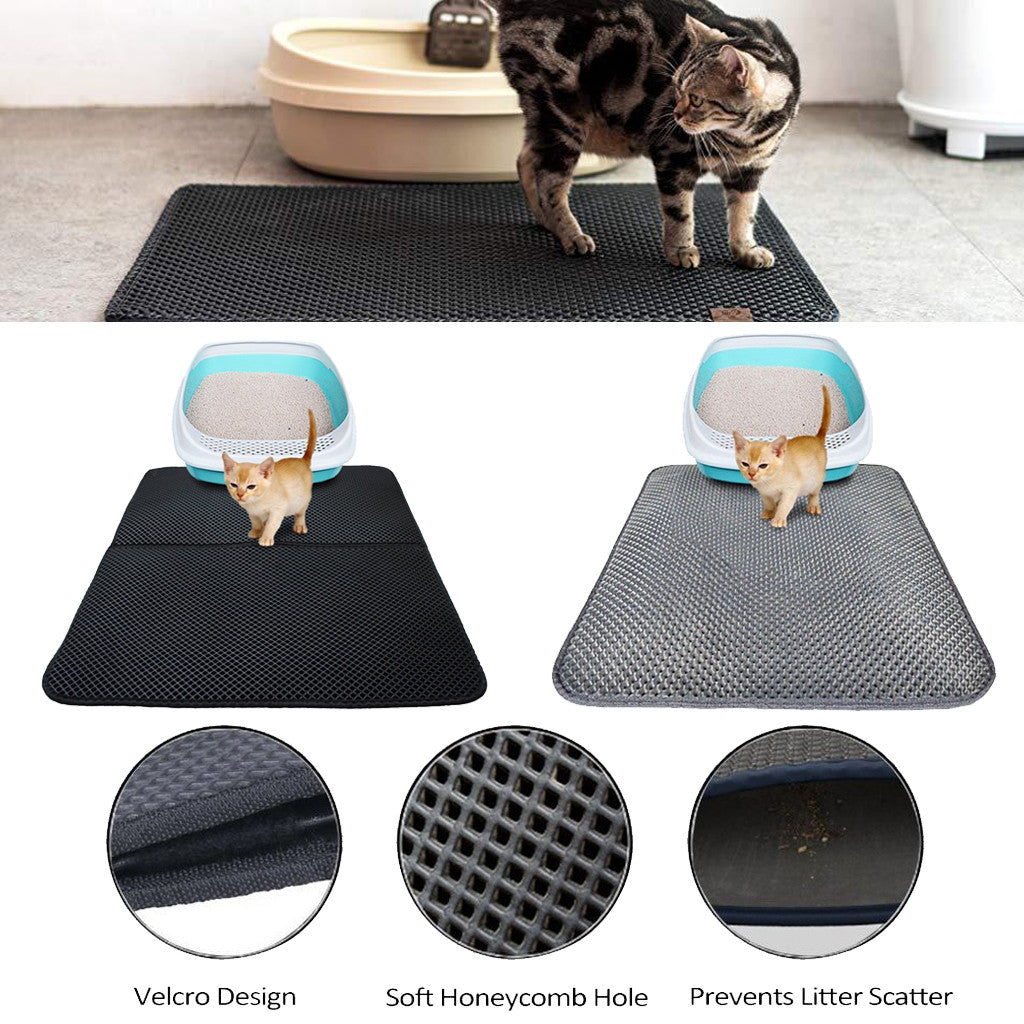 Black and gray waterproof cat litter mats with honeycomb design and kittens near litter boxes