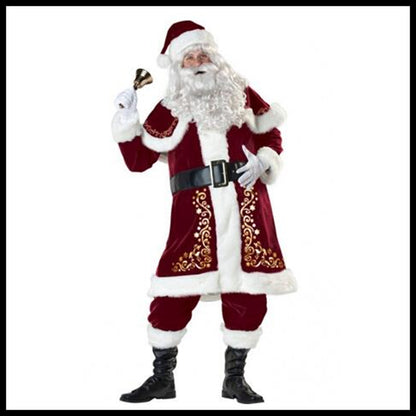 Santa Claus costume with red velvet suit, white fur trim, gold embroidery, black belt, boots, and bell