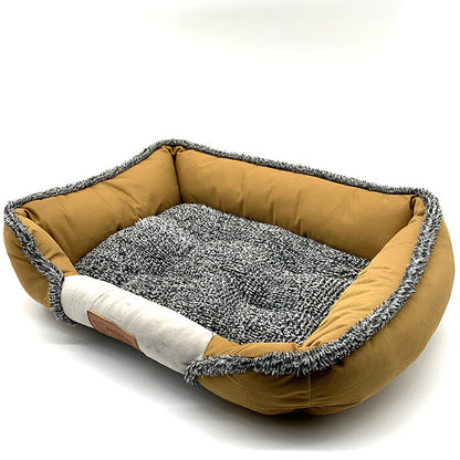 Cozy rectangular pet bed with yellow exterior, soft gray knitted cushion, and faux fur trim