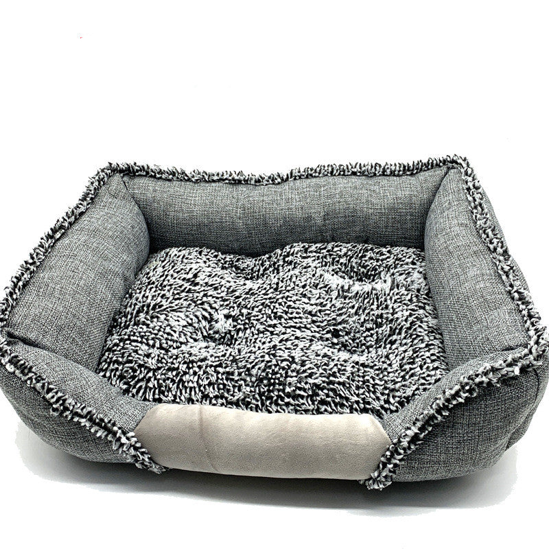 Gray rectangular pet bed with soft textured cushion and cozy furry edges for small dogs and cats