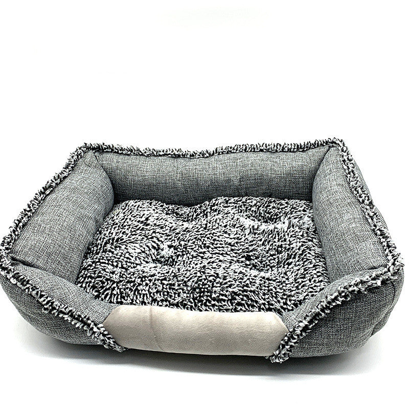 gray rectangular washable pet bed with soft plush cushion and textured fabric sides