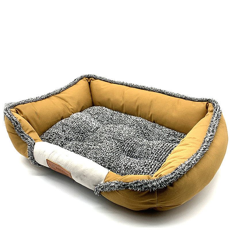 Yellow and gray washable pet bed with soft cloth cover, cozy dog and cat mat for fall comfort