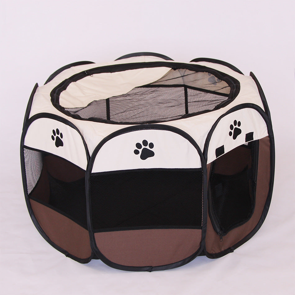 Octagonal brown and beige pet playpen with mesh panels and paw print decorations