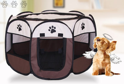 Octagonal brown and beige pet playpen with mesh panels and paw print designs next to a small dog with angel wings and halo