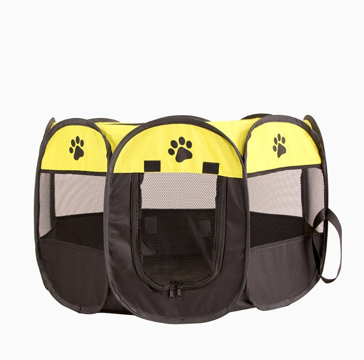 Octagonal yellow and black pet playpen with breathable mesh panels and paw print designs