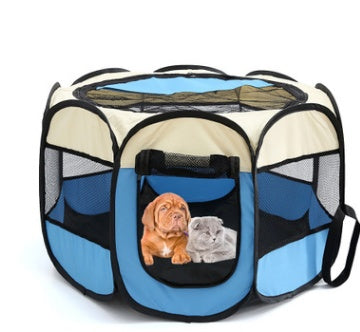 Blue and beige octagonal pet playpen with breathable mesh panels containing a brown puppy and gray kitten