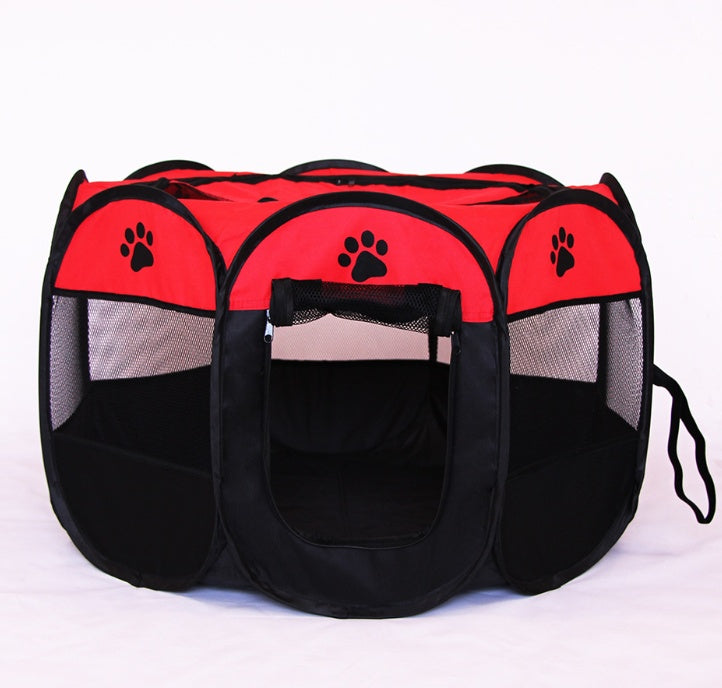 Red and black octagonal pet playpen with breathable mesh panels and paw print designs