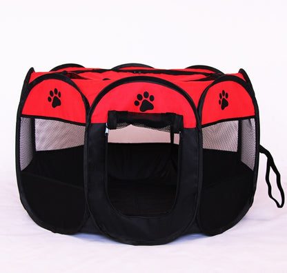 Red and black octagonal pet playpen with breathable mesh panels and paw print designs