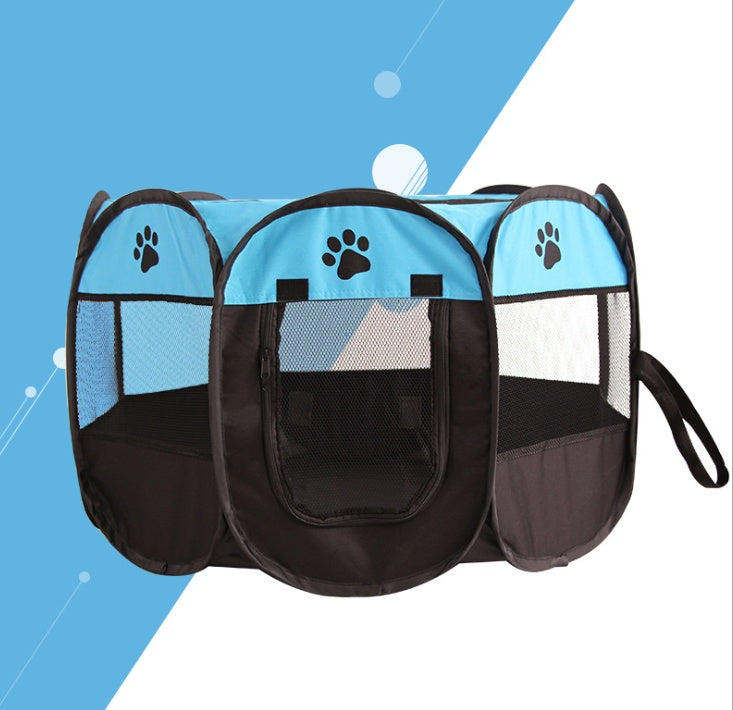 Blue and black octagonal pet playpen with mesh panels and paw print design