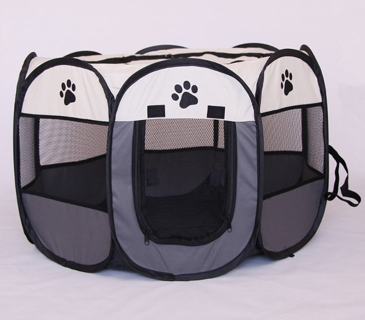 octagonal gray and white pet playpen with breathable mesh panels and paw print designs
