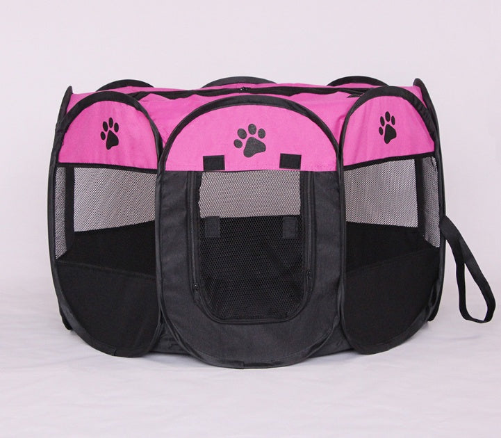 Pink and black octagonal pet playpen with breathable mesh panels and paw print designs