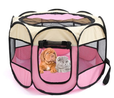 Octagonal pink and beige mesh pet playpen with dog and cat inside on white background