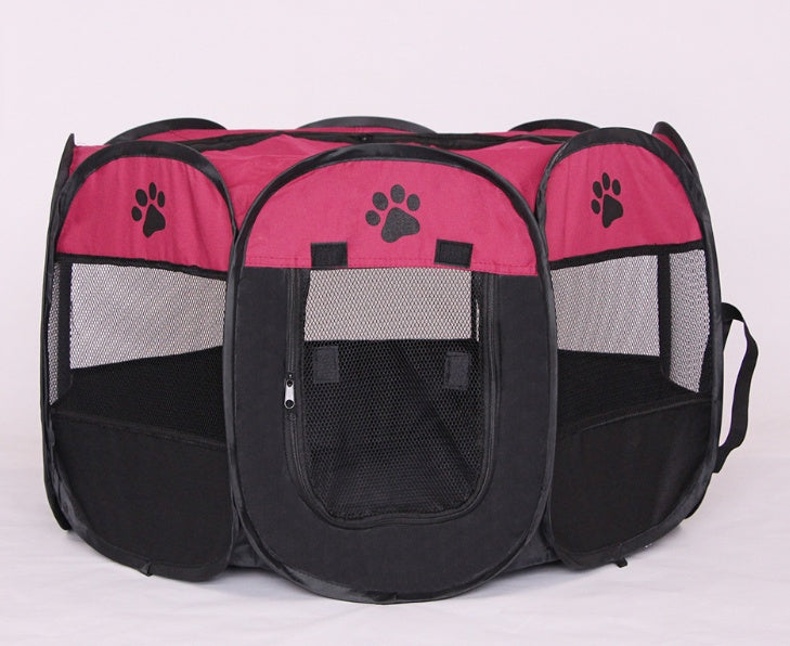 octagonal black and pink pet playpen with breathable mesh panels and paw print details
