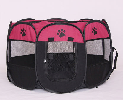 octagonal black and pink pet playpen with breathable mesh panels and paw print details