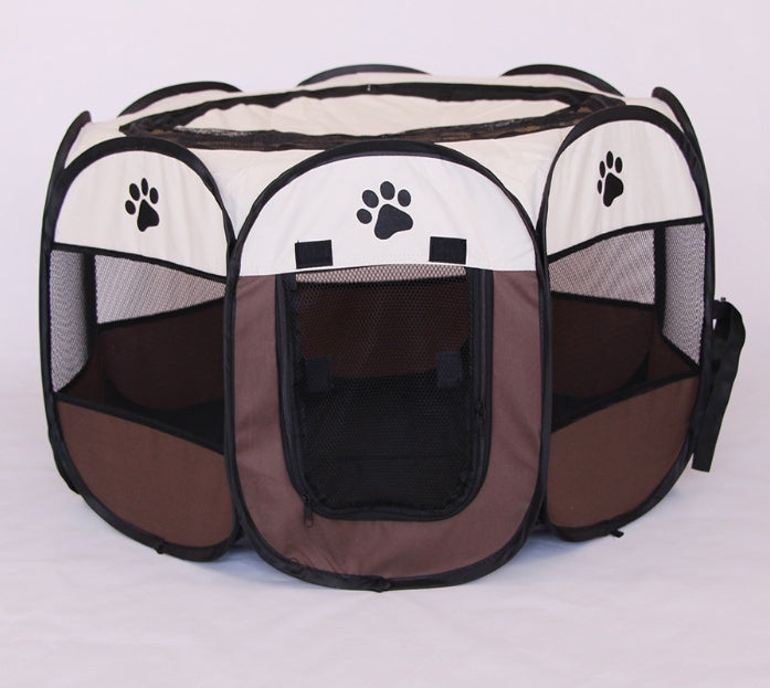 octagonal brown and white portable pet playpen with mesh panels and paw print designs