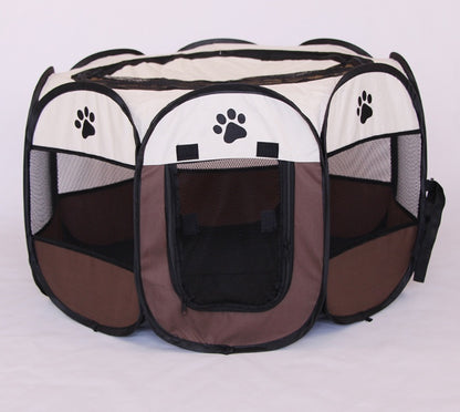 octagonal brown and white portable pet playpen with mesh panels and paw print designs