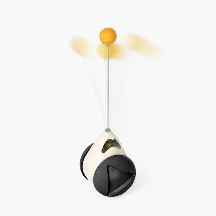 interactive cat toy with a rotating orange ball on a white base with black wheels for engaging play