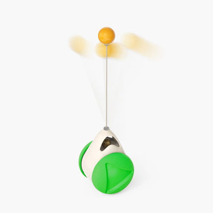 Interactive white and green cat toy with spinning yellow ball and suction cup for engaging play