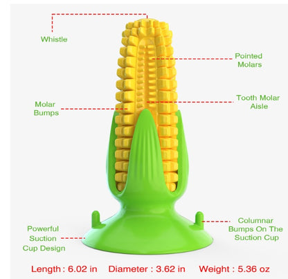 Yellow corn dog chew toy with green suction cup base and detailed molar bumps for dog dental care