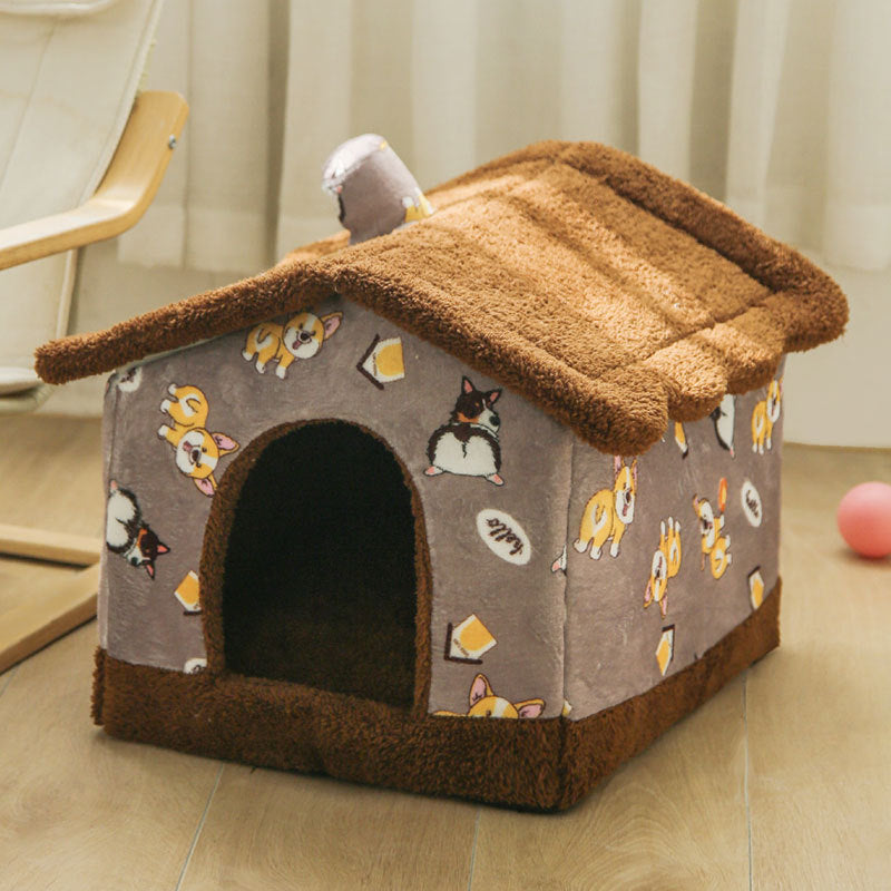 Cozy plush pet house with brown roof and corgi dog print on soft fabric in a bright room