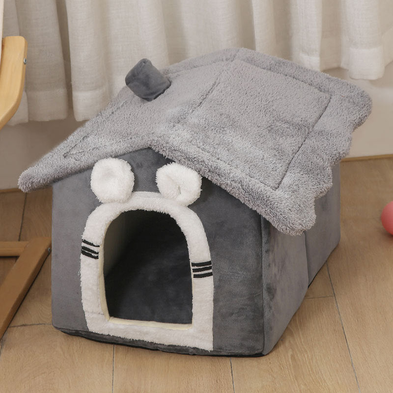 Cozy gray Arctic velvet pet nest house with soft removable roof and white ear accents