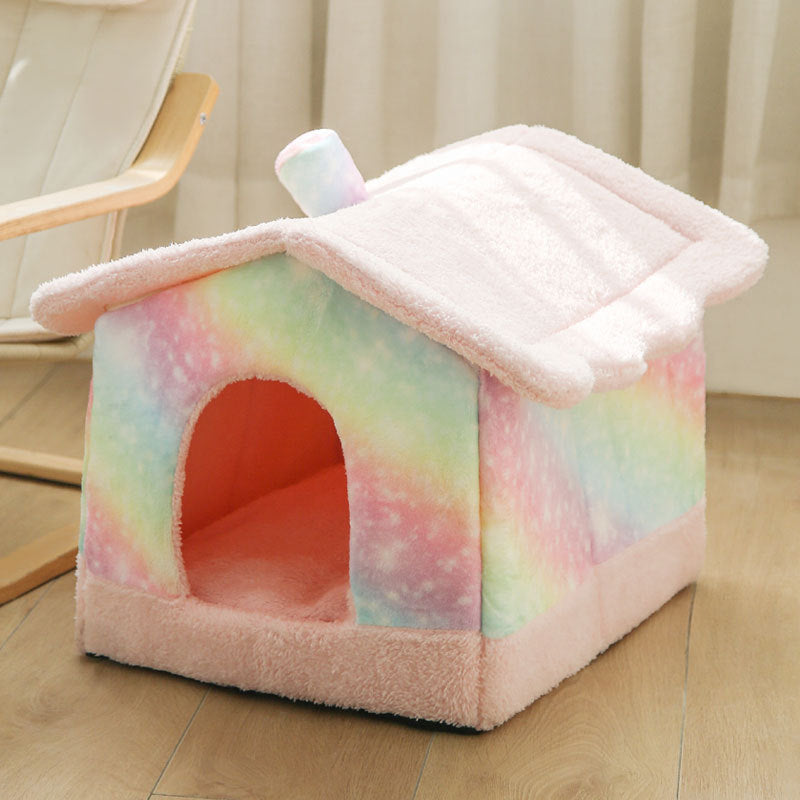 soft pastel rainbow cozy velvet pet house with removable roof and chimney on wood floor