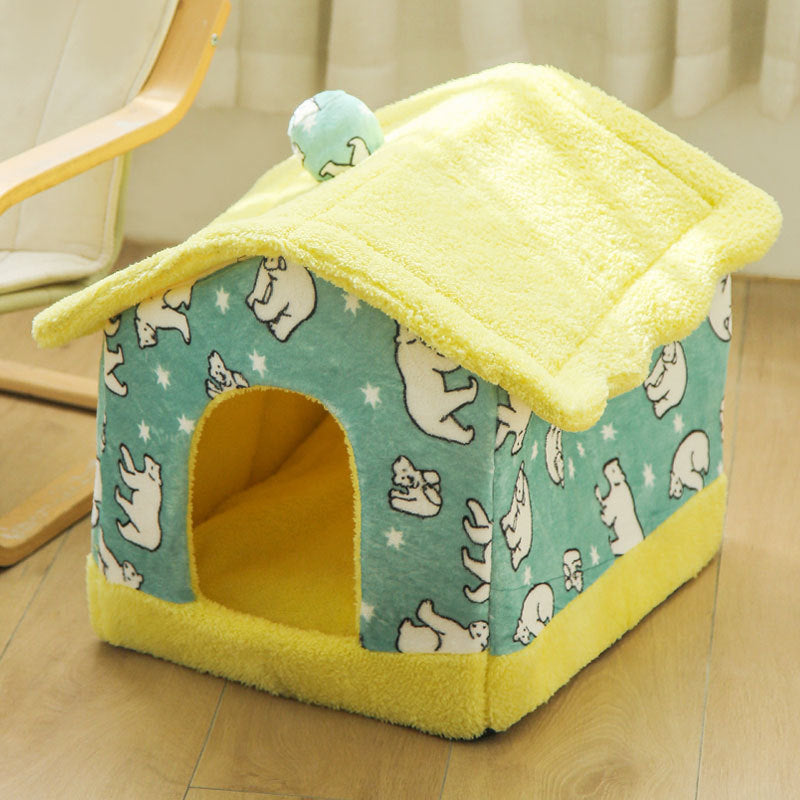 Cozy small cat house bed with yellow soft removable cover and polar bear pattern on teal fabric