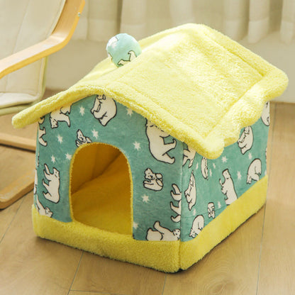 Cozy small cat house bed with yellow soft removable cover and polar bear pattern on teal fabric