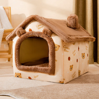 Cozy plush pet house shaped like a small cottage with brown roof, bear and ladybug patterns, and soft entrance
