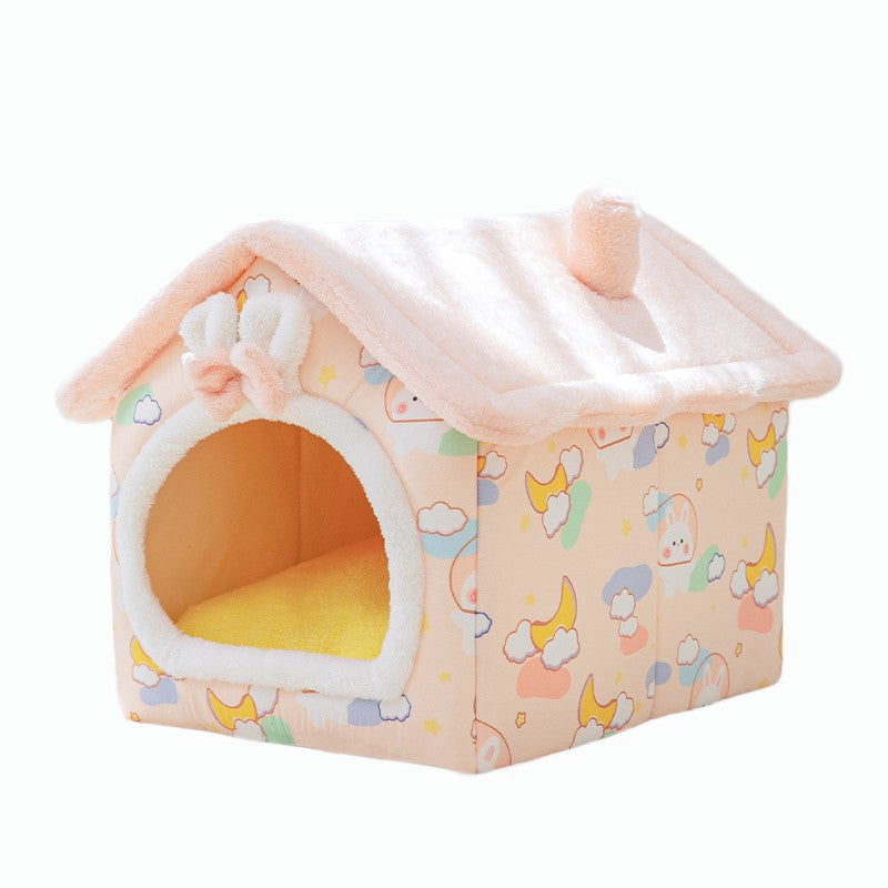 Cozy pink cat house with soft removable cover and cute cloud and moon pattern