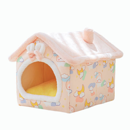 Cozy pink cat house with soft removable cover and cute cloud and moon pattern