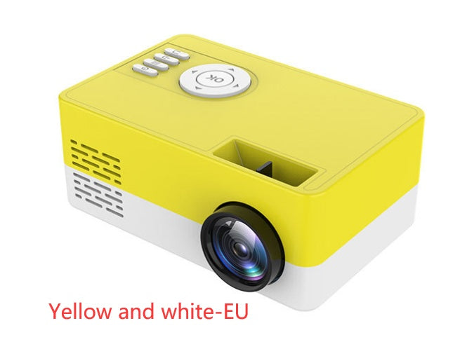 Yellow and white portable mini LED projector with lens and control buttons