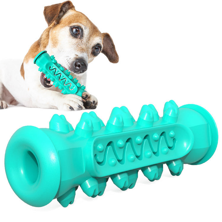 Dog chewing on turquoise durable dental stick toy with textured surface for teeth cleaning