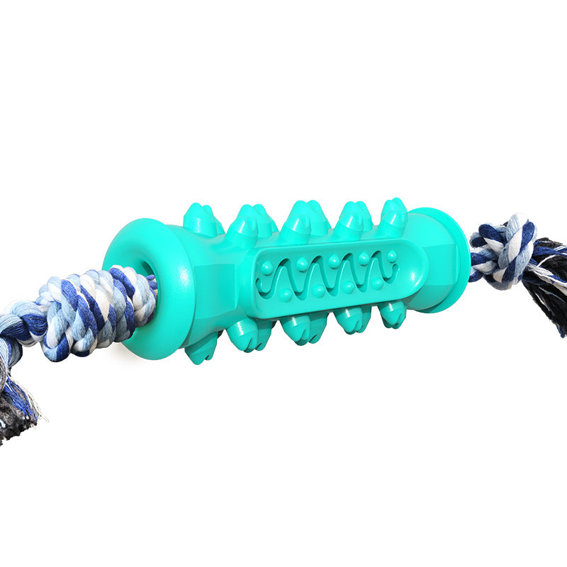 Turquoise durable dog chew toy with textured TPR center and blue white rope ends for teeth cleaning