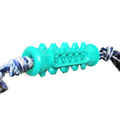 Turquoise durable dog chew toy with textured TPR center and blue white rope ends for teeth cleaning