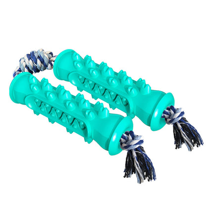 Blue and white rope dog chew toy with two connected turquoise rubber teeth cleaning sticks