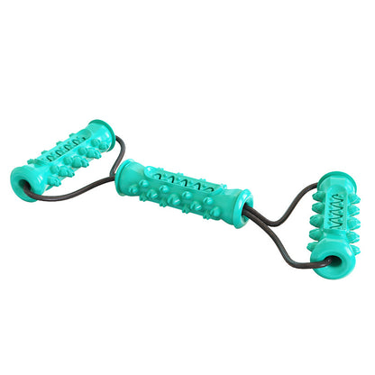 Teal durable dog chew toy with textured grips and black elastic cord for teeth cleaning