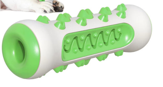 White and green durable dog chew toy with textured spikes for teeth cleaning and plaque removal