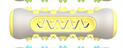 Yellow and grey durable TPR dog chew toy with raised teeth-cleaning texture and wavy center design