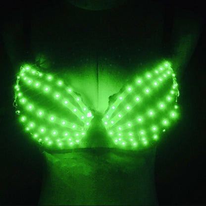 Green luminous LED cotton bra glowing in the dark on a mannequin torso