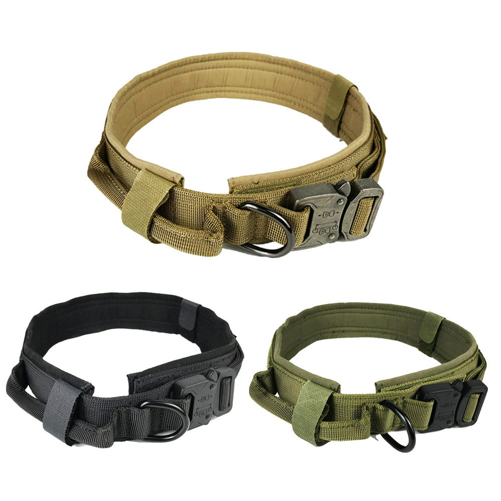 Three tactical dog collars in yellow, black, and green nylon with metal buckles and adjustable straps
